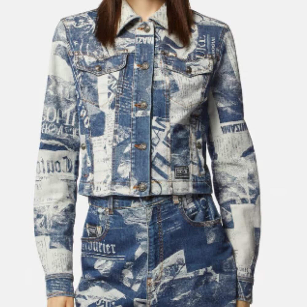 NWT Versace Jeans Couture Magazine Print Denim Jacket - Size 40/US 4 MSRP $750
